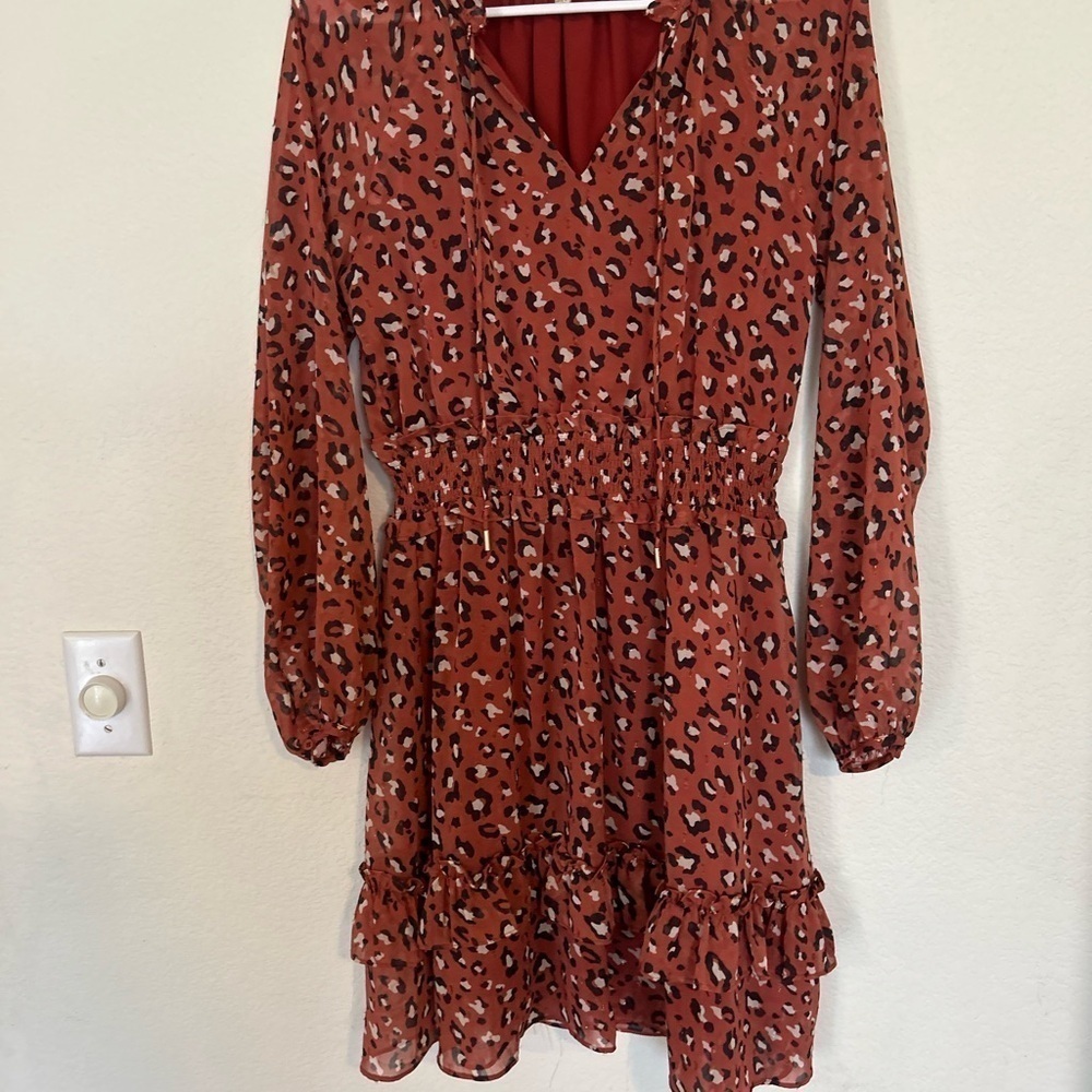 Skies are Blue leopard print dress with gold shimmer, long sleeve XS